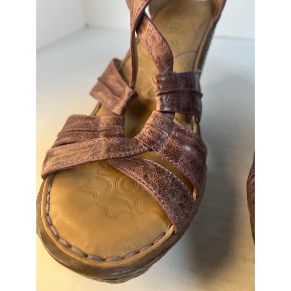 Born Leather Wedge Sandals Size 10 Woven Texture Heels Purple Strappy Shoes
